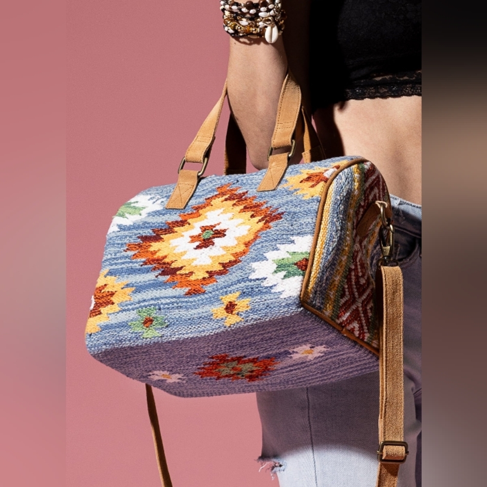 Handmade Boho Chic Satchel / Boston Bag - Navajo Aztec Inspired Design - Picture 9 of 14